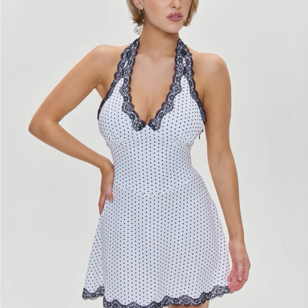 Frankie's Bikinis White Mini Dress with Black Polka Dots & Black Lace Trim